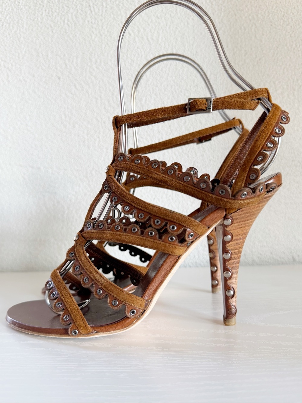 Christian Dior John Galliano Brown Suede Eyelet Caged Sandal Heels EU 38